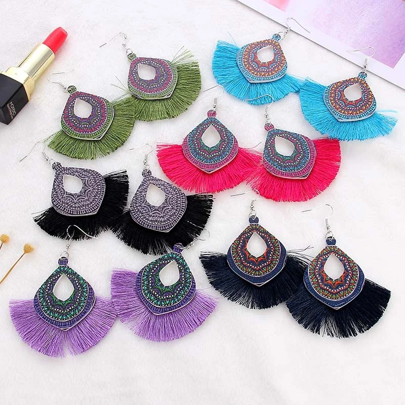 

Fashion Multicolor Tassel Dangle Earrings Wooden Printed Oval With Ear Hook Drop Earrings For Women Girls Jewelry Accessories, Phtot color