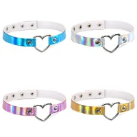 

Greenee Fashion Jewelry PU Leather Necklace Holographic Rainbow Choker Heart Metal Laser Collar Chocker