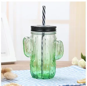 Cactus shape fancy 400ml empty glass mason jar with straw