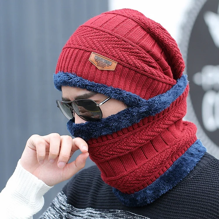 
High Quality Customizable Men Double-Layered Thick Beanie Adn Scarf Set Warm Winter Striped Knitted Hat 
