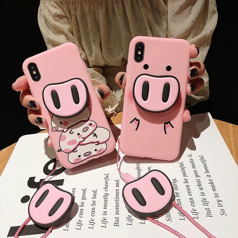 

For iPhone Xs Max Xs 7 8Plus For Samsung S10 S8 S9 Note 8 9 A7 A8 J4 J6 J8 Case Pig TPU Case Pig Nose Soft Phone Strap Rope Case, Pink