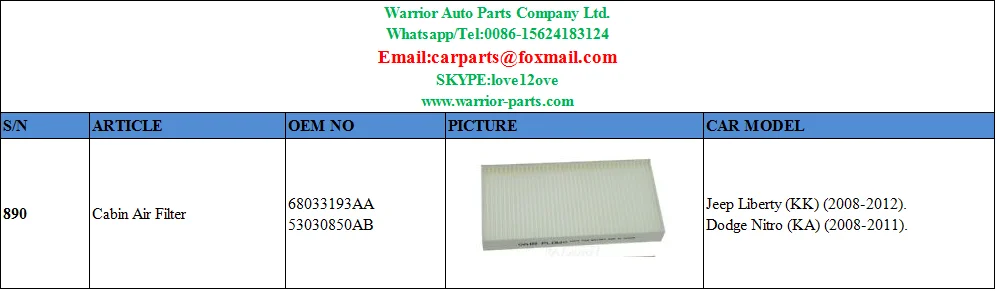 Auto Cabin Air Filter 68033193aa Cf10747 For 2008 2013 Jeep