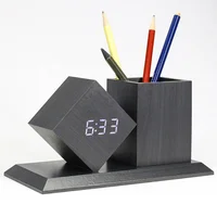 

KH-WC010 Office Alarm Student and Thermometer Crystal Stand Digital Desk Table Wooden Clock with Pen Holder