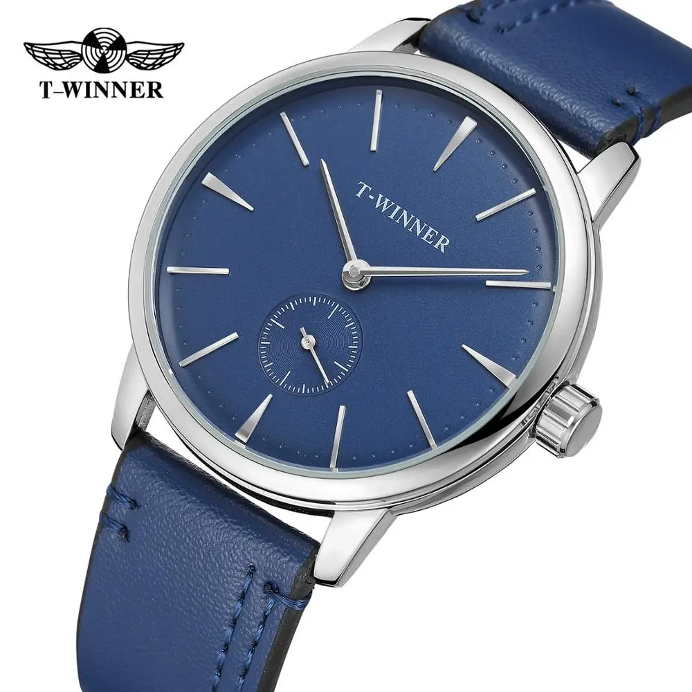 

WINNER Fashion Minimalist Blue Mechanical Watch Men Genuine Leather Strap Casual Ultra Thin Mens Watches Top Brand Luxury Clock