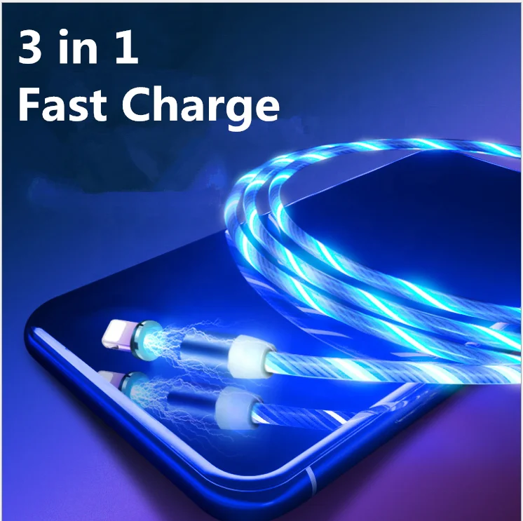 2019 New Fast Charging EL Glowing LED Magnetic 3 in 1 USB Cable for iPhone Type C Android