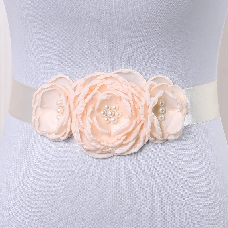 

Wholesale Photo Props Fancy Sash 6 Color Pearl Decoration Plain Color Triple Layered Satin Flower Sash Belt