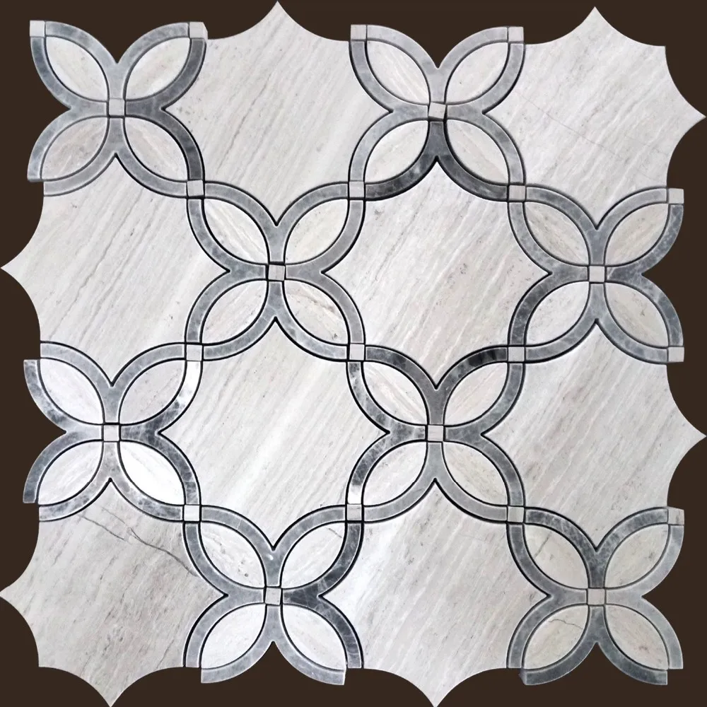 Grey wood stone mosaic tile with irregular flower pattern