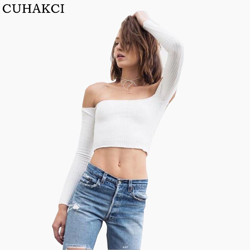 

CUHAKCI Women Slash Neck Short Blouse Knit Cotton Crop Top Strapless Bustier Female Sexy Slim Long Sleeves Charm Summer Top