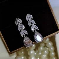 

Fashion Female Crystal Leaf Drop Earrings 925 Sterling Silver White Zircon Earrings Boho Wedding Jewelry Long Dangle Earrings