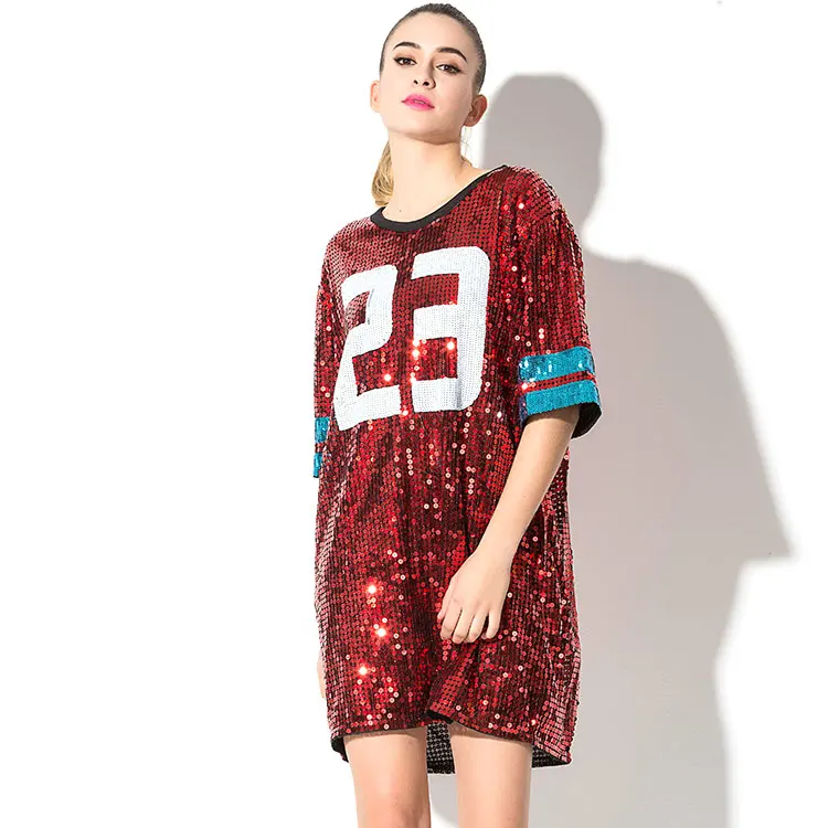 

Wholesale Blank Reversible Custom Sparkly Women's Oversize Long Tee Hip Hop Bling Tshirt Sequin Dance Loose T Shirt Dress, Red;black