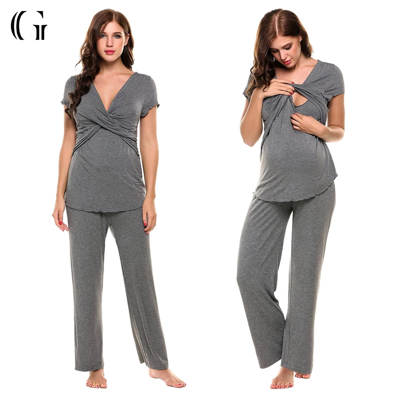 

Womens Maternity Clothing Nursing Pajamas Set for Hospital, Yarn dyed grey