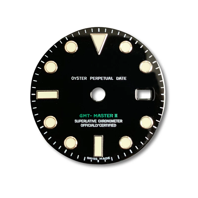 

Custom Bright Black Enamel Watch Dial Printed White Index Minute Track for Rolexable GMT-Master II 2836 Automatic Movement