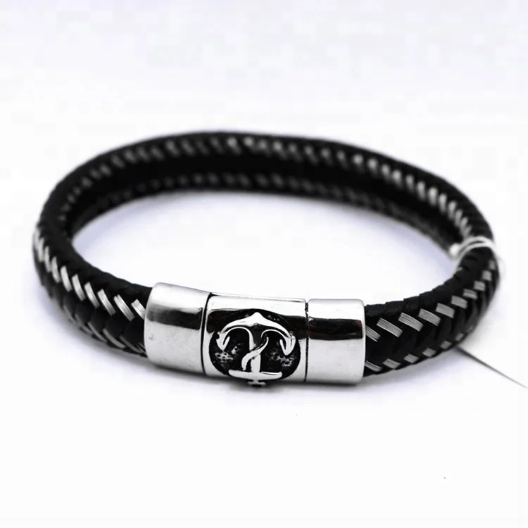 

High Quality Fashion Mens 316L Stainless Steel Braided Leather Anchor Bracelets, Black