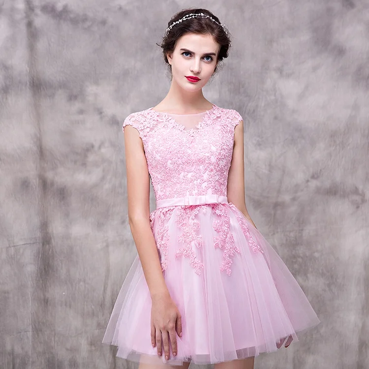 

wholesale french lace back short babi pink ball gown wedding bridesmaid dress