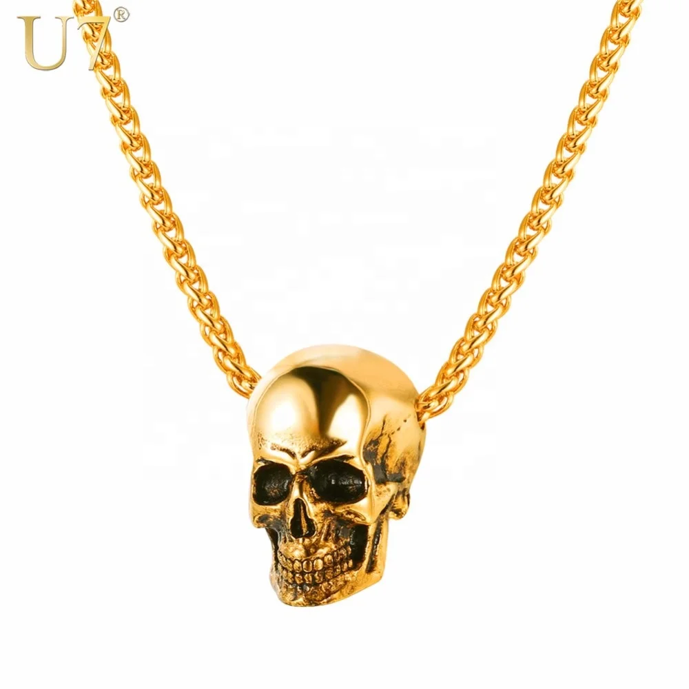 

U7 18K Gold Plated Jewelry Vintage Punk Skeleton Skull Necklace for Men