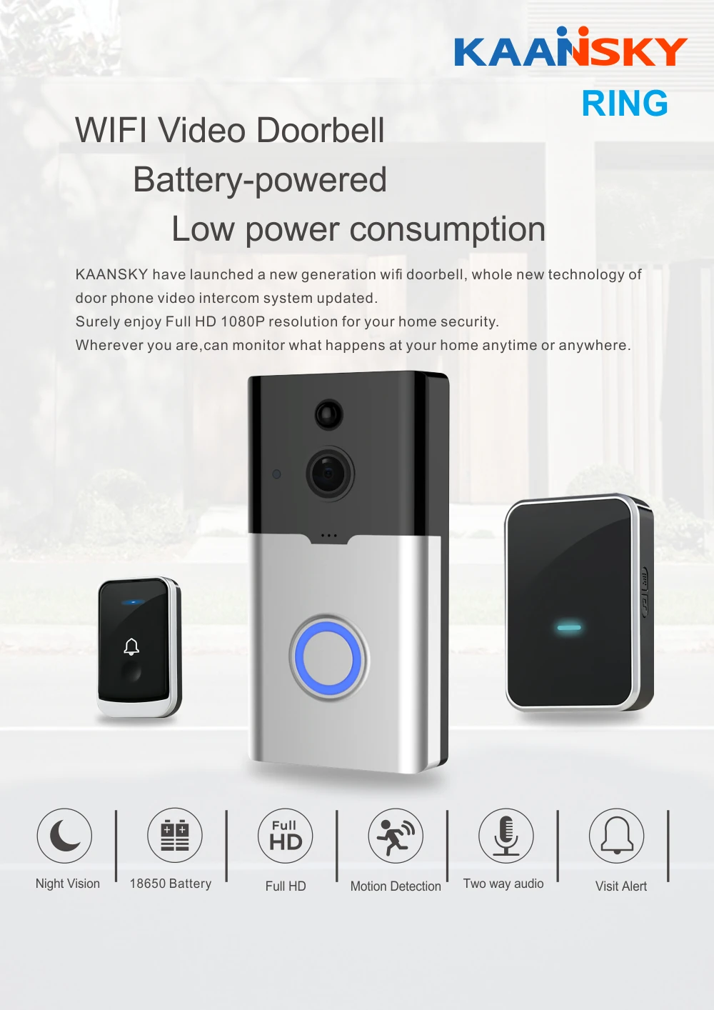 Kaansky Wifi Video Doorbell 1080p Hd Ring Doorbell Camera Battery