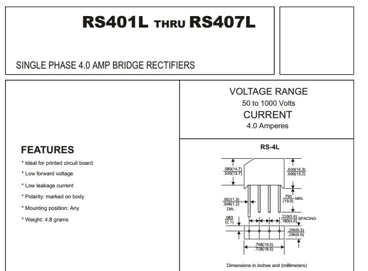 NOS,New Old Stock N6 RS407L 1000 Volt 4 Amp Bridge Rectifier QTY 10 ea 