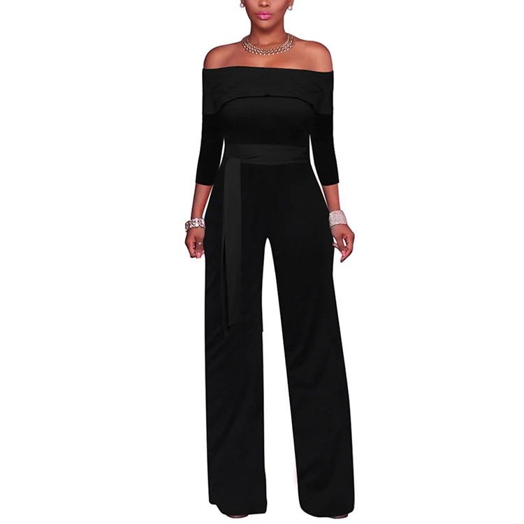 

2019 Latest Design Casual Wide Leg Pants One Piece Black Solid Color Off The Shoulder Sexy Women Jumpsuits, Shown