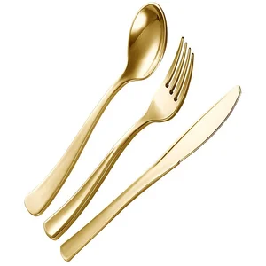 Image of Factory cheap plastic golden tableware disposable cutlery knife fork spoon set western golden cutlery wholesale tableware