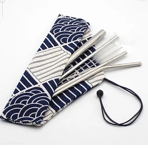 custom Reusable Straw set wholesale Stainless Steel metal drinking straw with Cleaner Brush with drawstring pouch