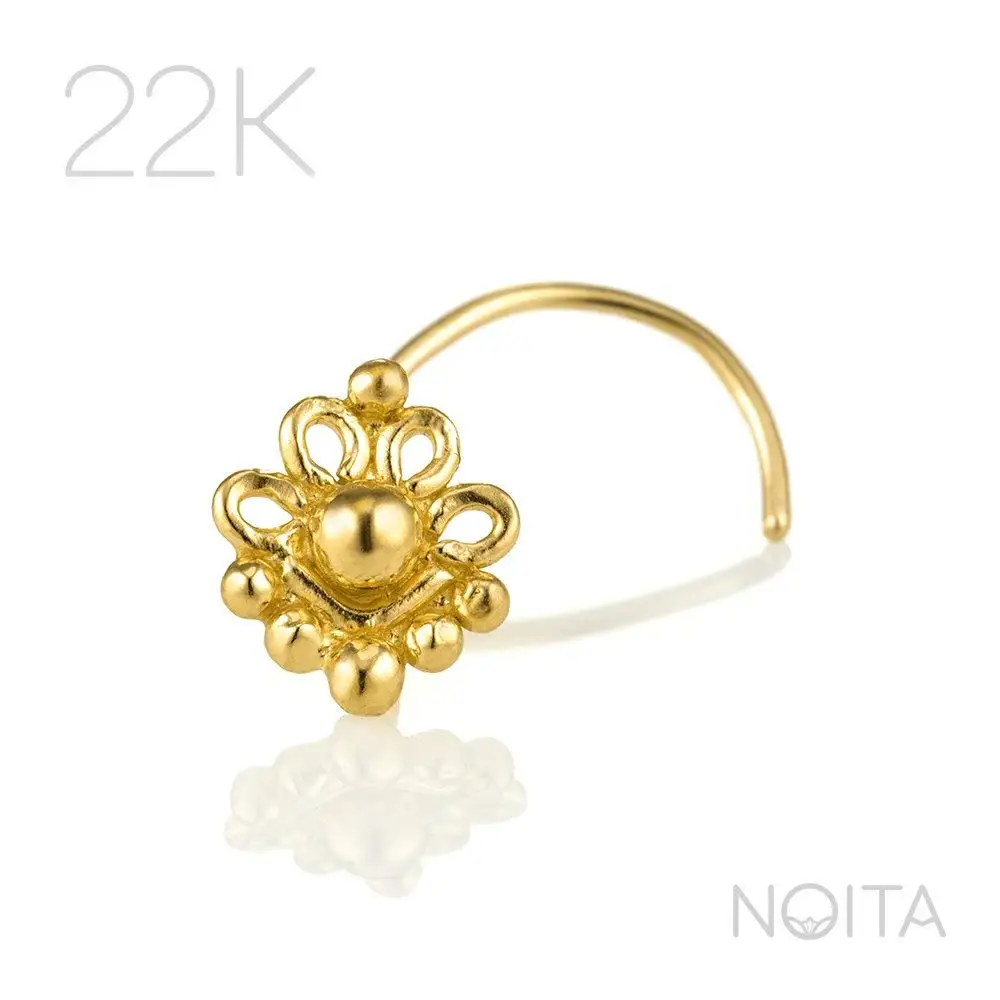 Fits Cartilage Earring Tragus /& Helix Piercing 22K Yellow Gold Indian Tribal Flower Nose Screw 24g Handmade Jewelry Unique Nose Stud