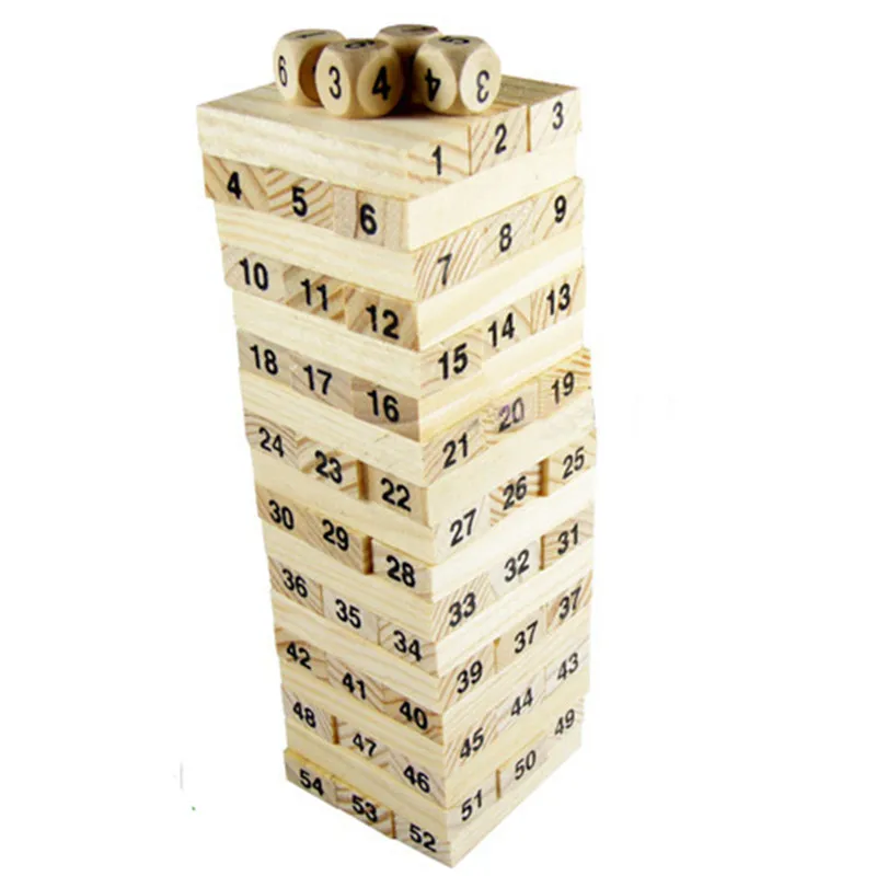 Baby Toys Family Game Wooden 54Pcs Blocks 4Pcs Dice Tumbling Stacking Tower Digital Building Blocks Popular
