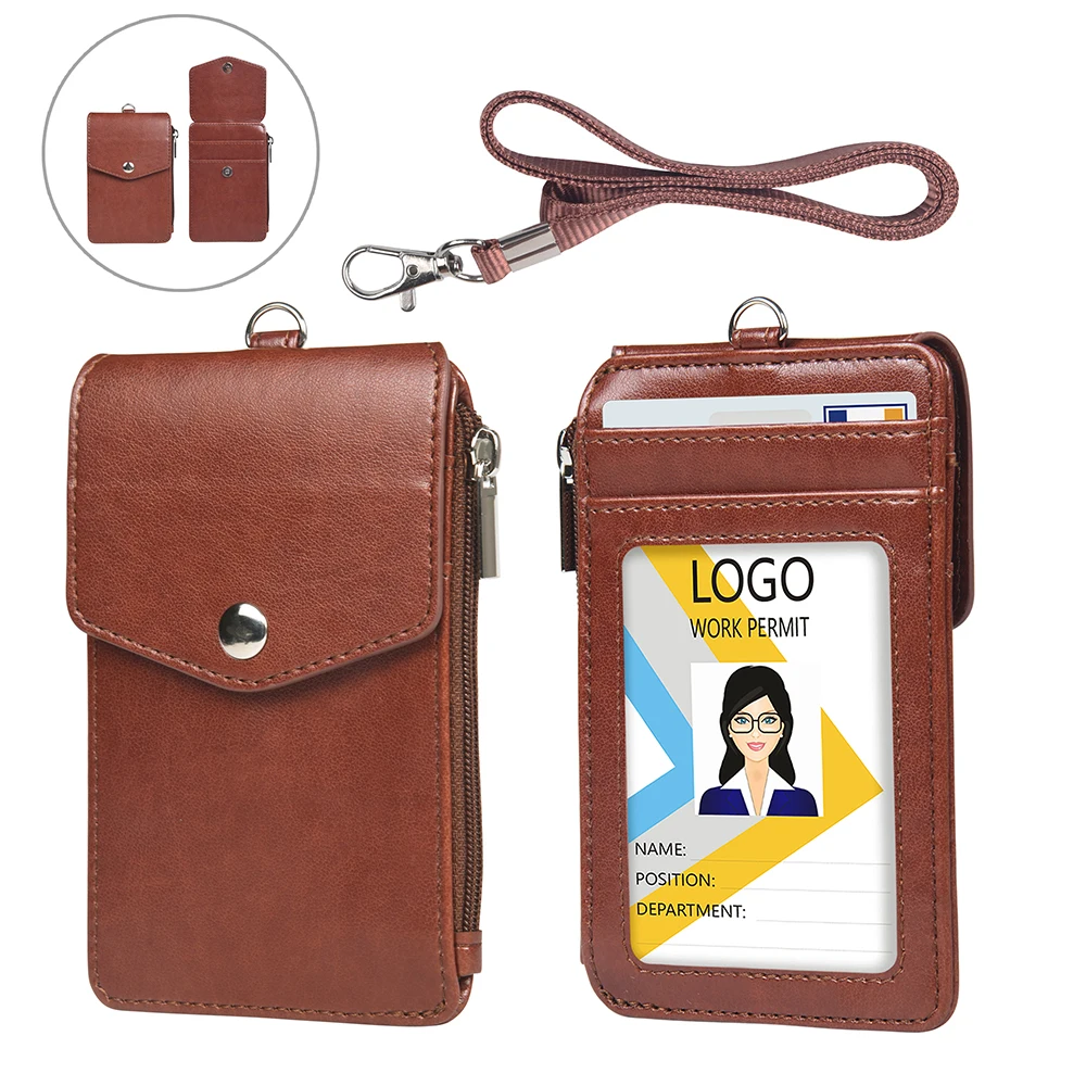 

Neck Wallet Badge Holder with Lanlard Neck Rope Custom Trade Show Business Worker Name Tag Id Holder Leather Business Card, Multi-option or customized