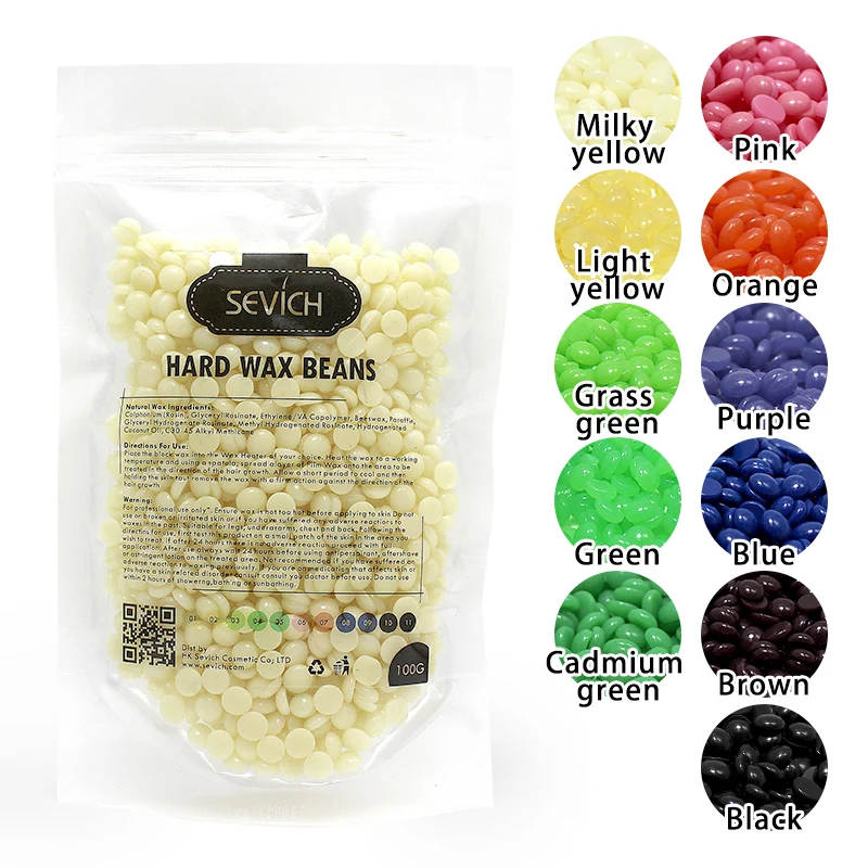 

Factory Hot Sale 100g Painless Depilatory Wax Beads for Body Hair Removal, Yellow/rose/green/black etc. 11 color availabel