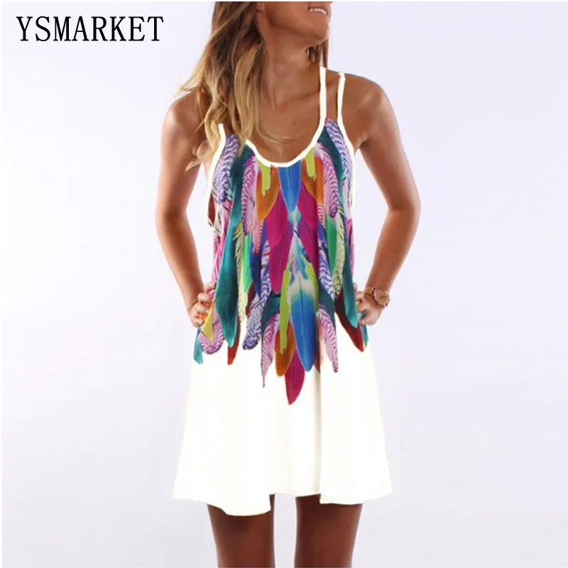 

Women Bohemian Dress Feather Printed Beach Dress Causal Loose Spaghetti Strap Short Summer Dress S-5XL Plus Size Robe QWS804, Yellow;grey;green;black;purple