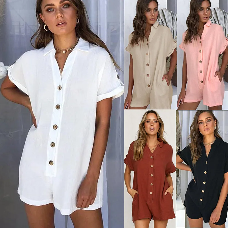 

F20300A New fashion hot style shirt button jumpsuit for women, White, khaki, black, pink, red