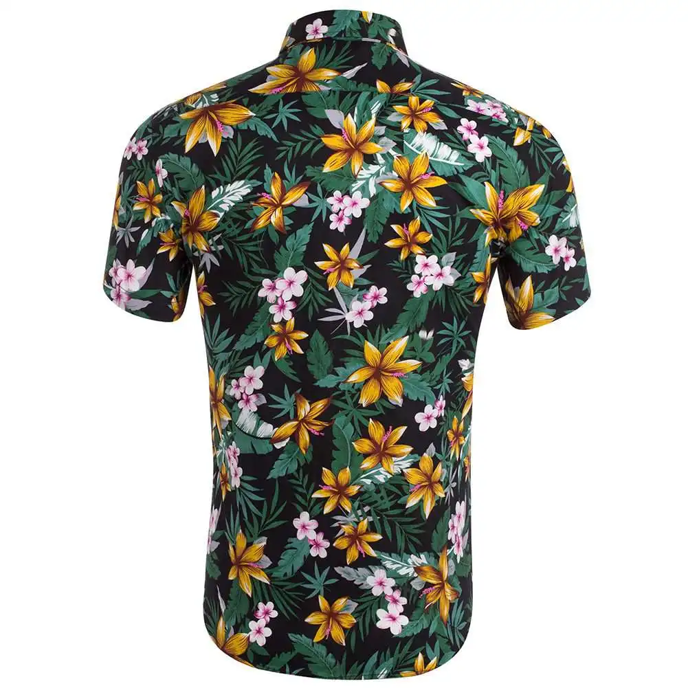 Men's Short Sleeve Pocket Floral Print Beach Hawaiian Button Shirt 100% ...