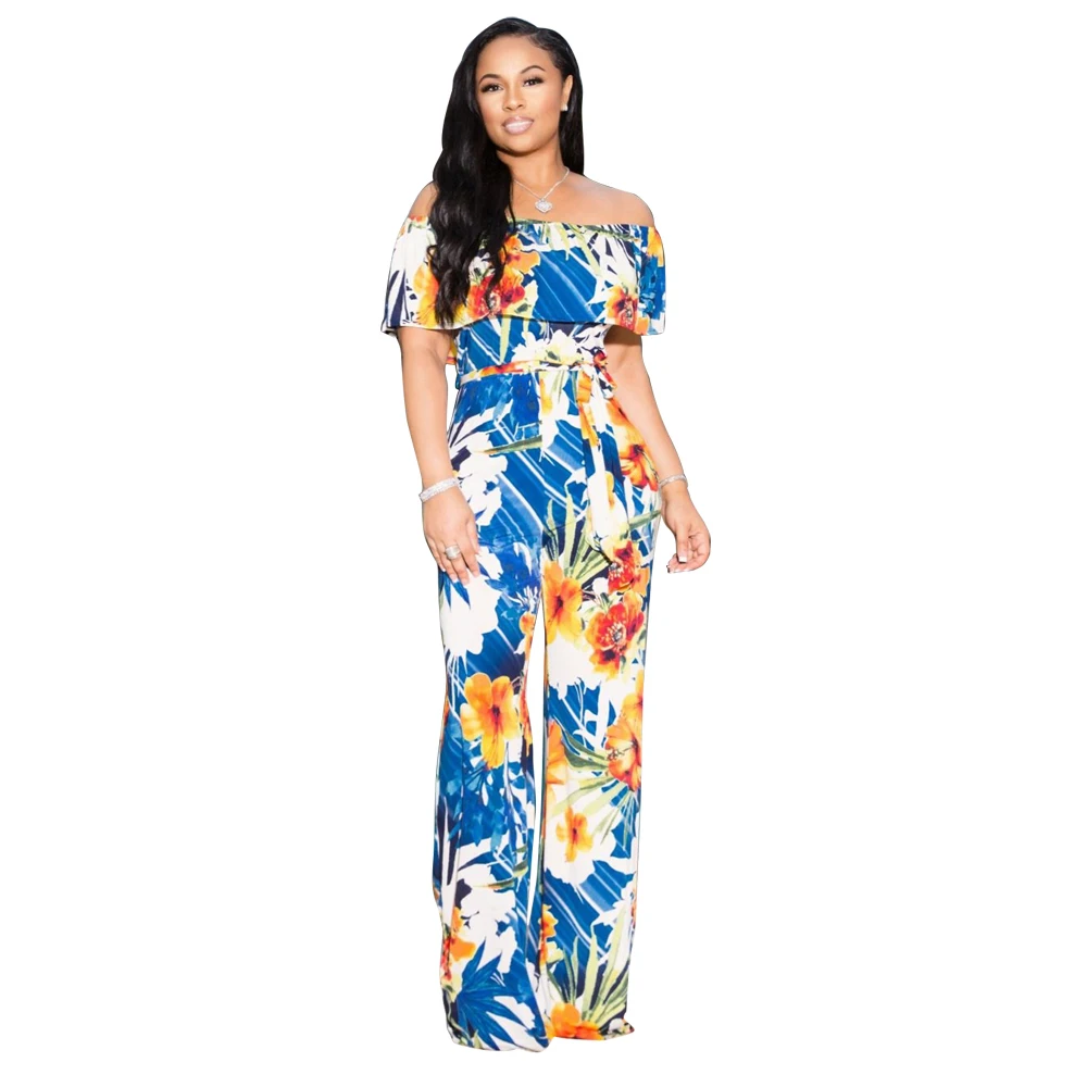 

Wholesale ladies sexy print casual wide leg pants design boat neck jumpsuit