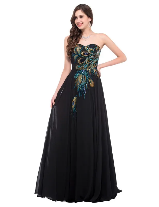 Wholesale Black Strapless Peacock Embroidery Formal Long Gowns Evening ...