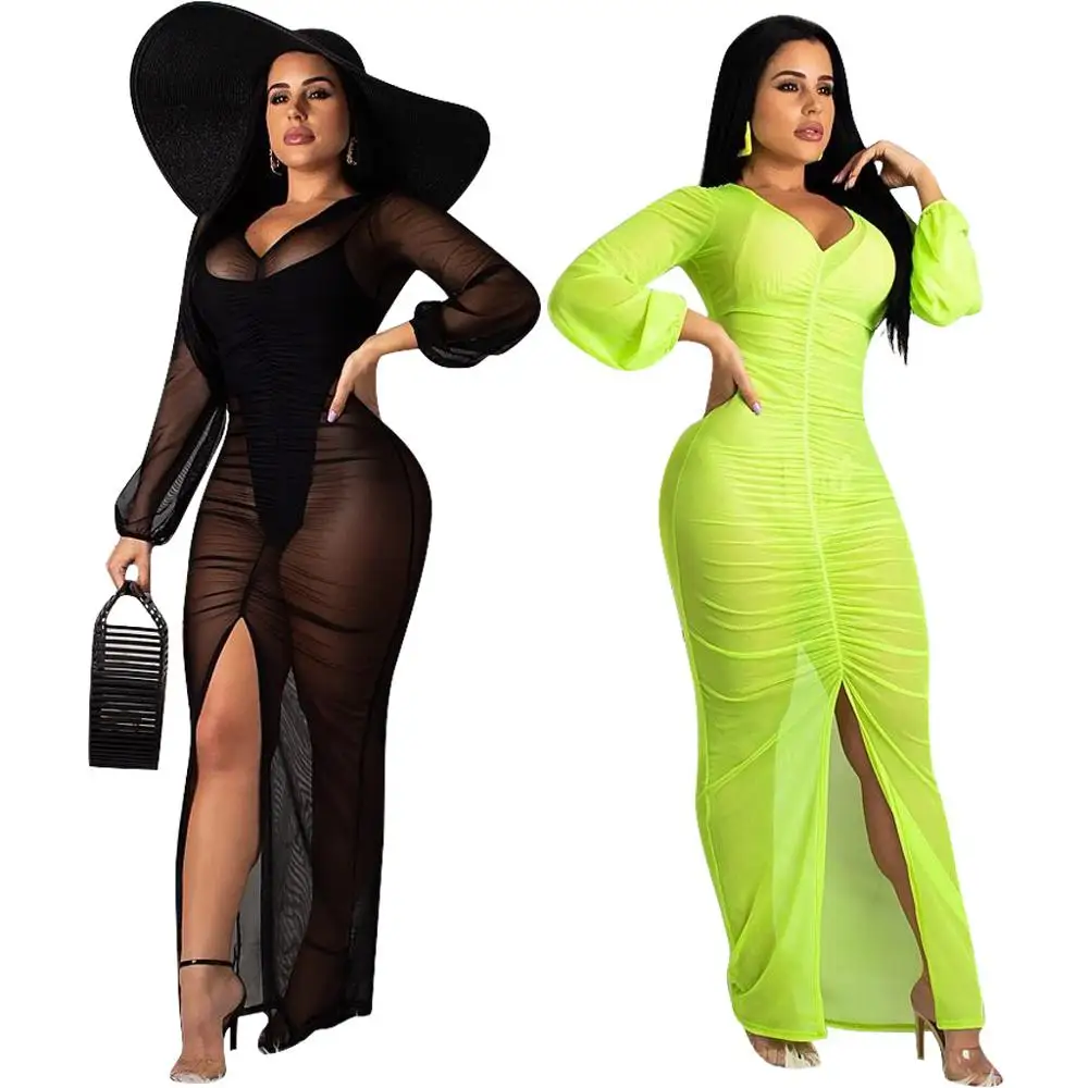 

Wholesale summer prom trendy women neon yellow green club evening maxi dresses sexy