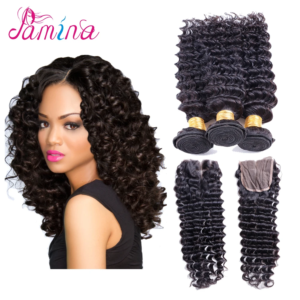 

Deep Wave 100% 10A Cambodian Virgin Human Hair closure with Bundles virgin hair deep wave bundles with lace closure, Natural color