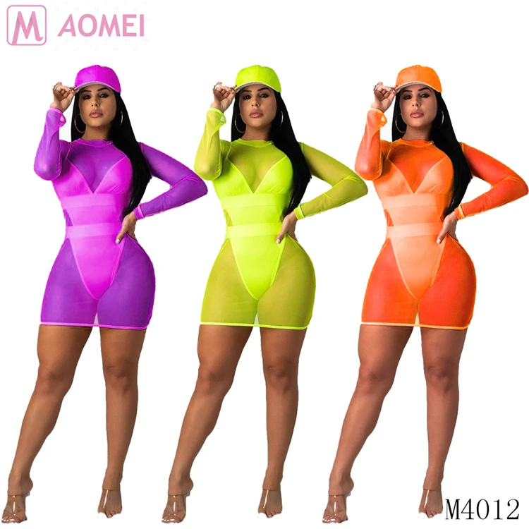 M4012 Wholesale women solid color mesh sexy bathing suit two piece set swimwear