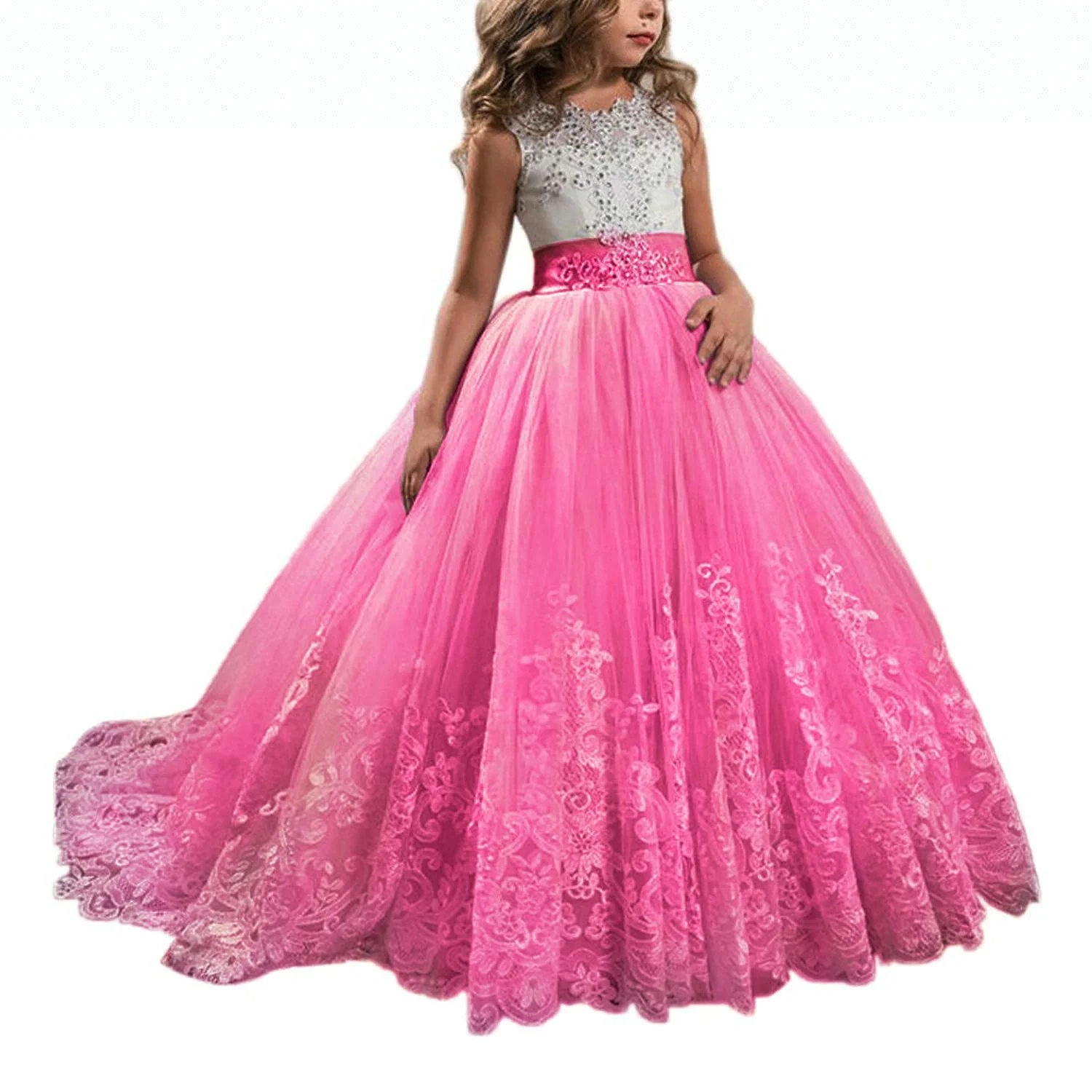 

In Stock Girls Flower Lace Princess Christmas Communion Tulle Dress Long Pageant Gown Floor Length Prom Dance Evening 2019