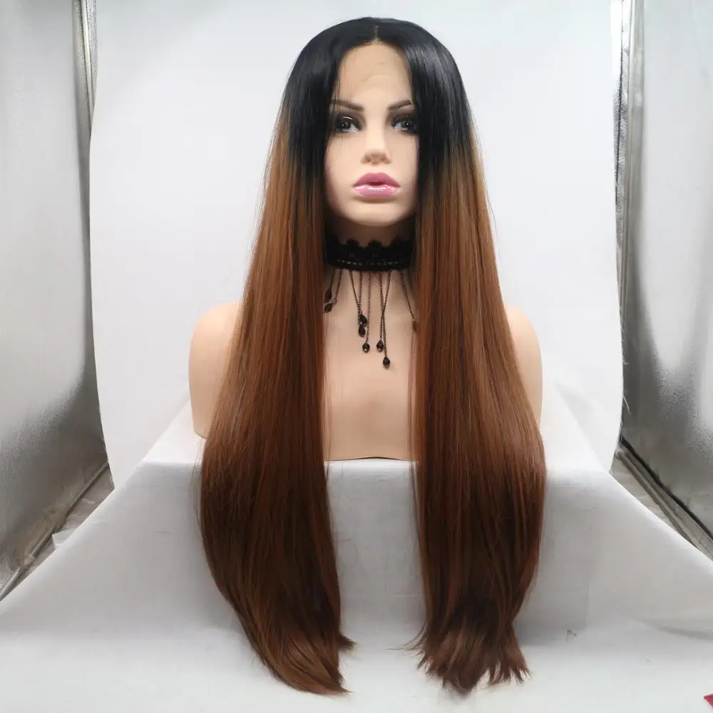 

26 inch Straight Heat Resistant Fiber Hair Free Part Dark Roots Two Tone Ombre Brown Synthetic Lace Front Wig for Black Women