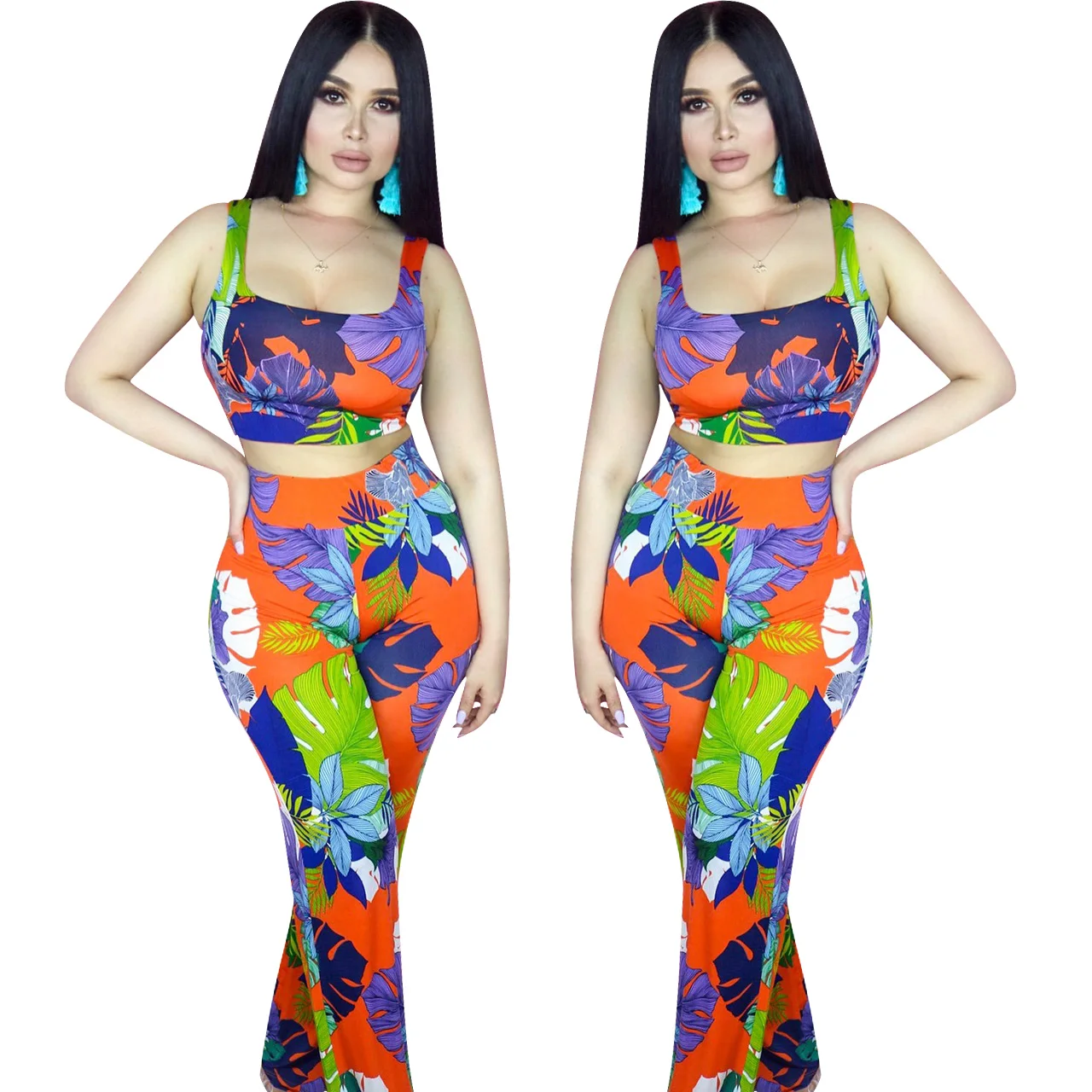 YD8017 women's casual floral printed two piece outfits YD8017