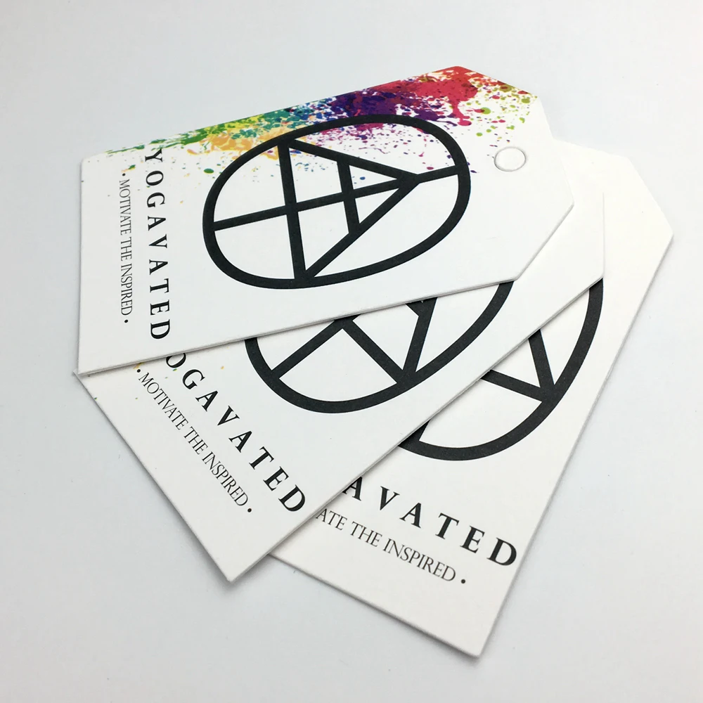 

Thick white paper card matte lamination printed letters eyelet hang tags for garment, N/a
