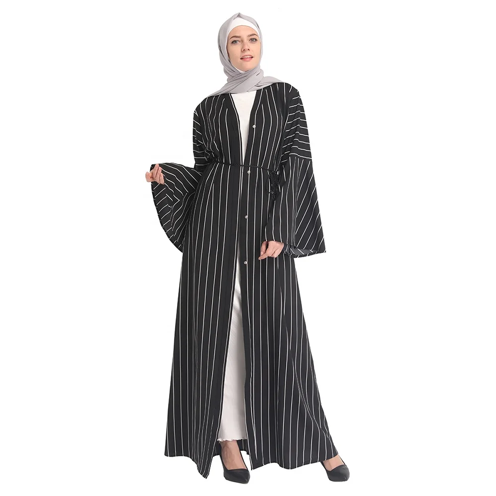

Loriya fashion new abaya designs stripe pattern fashion front open muslim dress abaya, Black, blue