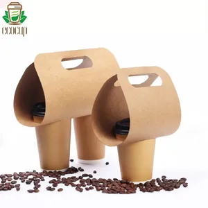 Image of Eco-friendly disposable cup carrier to go coffee kraft paper cups holder/kraft paper disposable drink carrier with handle