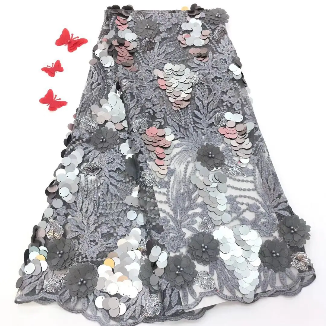 

High quality grey unique 3d flower beaded tulle french embroidered lace dress fabric Swiss African lace fabrics