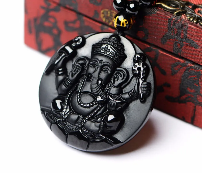 

Natural Obsidian Stone Black Obsidian Necklace Pendant Carved Natural Black Obsidian Stone Ganesh India Elephant God Stone P