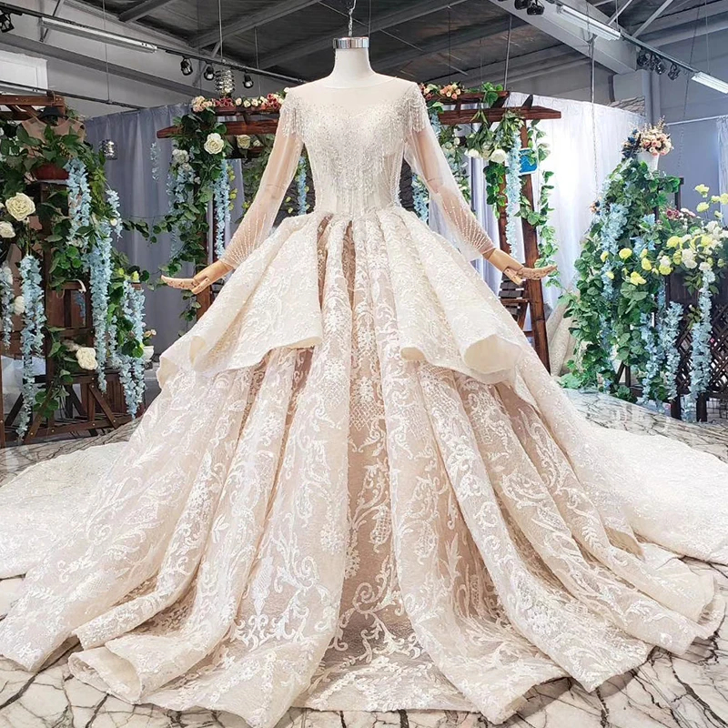 

HTL568 Jancember robe mariage hot sale long sleeve heavy pattern beaded ball gown wedding dress