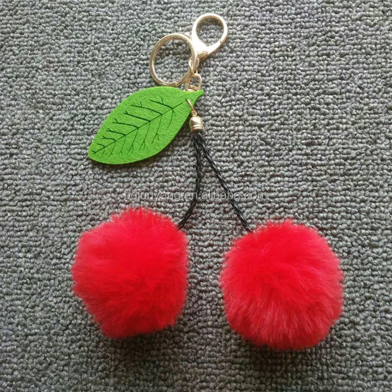 Fake Pom Poms Key Chain Cherry Shape Pompom Keychain Faux Ball Rabbit