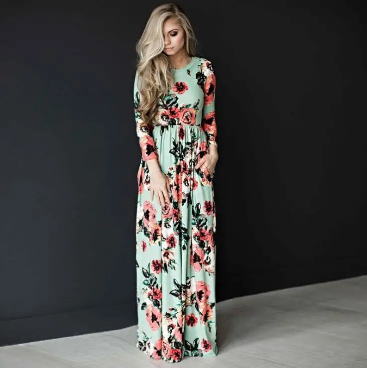 

2018 Summer Long Dress Floral Print Boho Beach Dress Tunic Maxi Women long sleeve Evening Party sexy Dress
