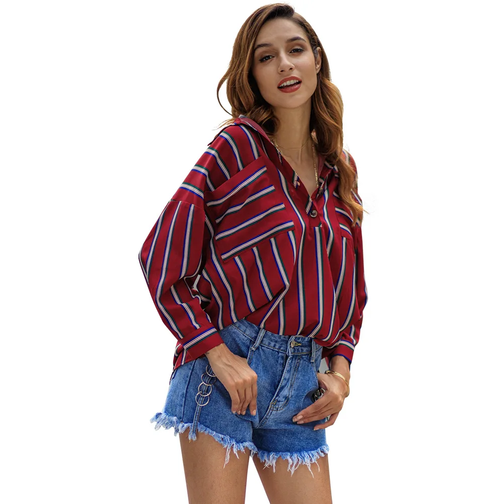 

Women's Fashion Loose Striped Blouse Ladies Long Sleeve V-neck Regular Length Normal Blouse Design