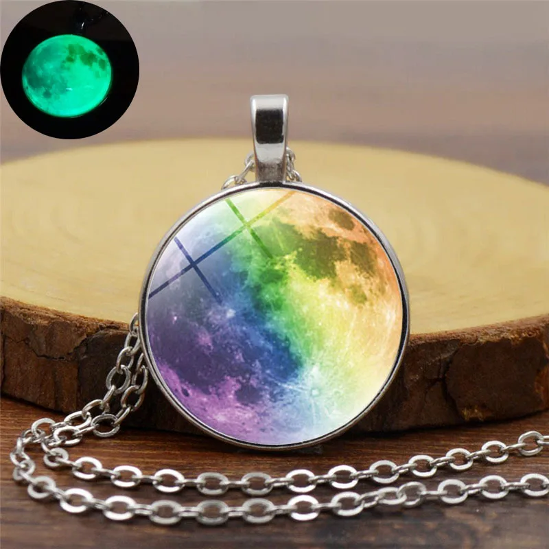 Galaxy planet glass cabochon pendant necklaces silver chain luminous jewelry glow in the dark moon necklace