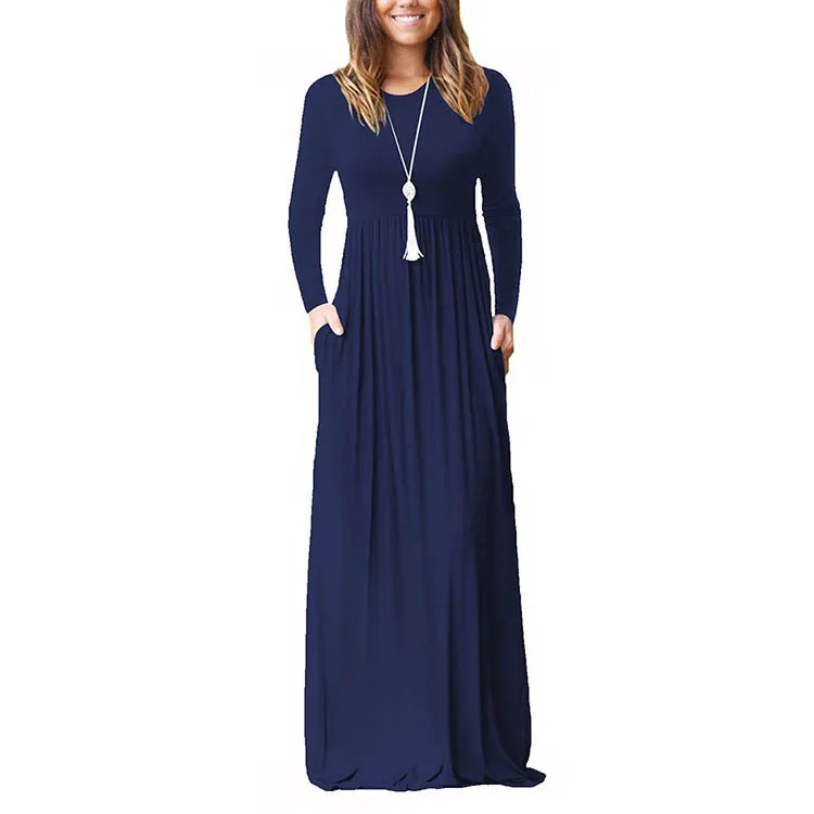 Hot Style Navy Blue Plus Size Scoop Neck Long Sleeve Maxi Dresses Women ...